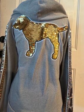 PINK Victoria's Secret Gray Hoodie with Gold Sequin Dog Applique